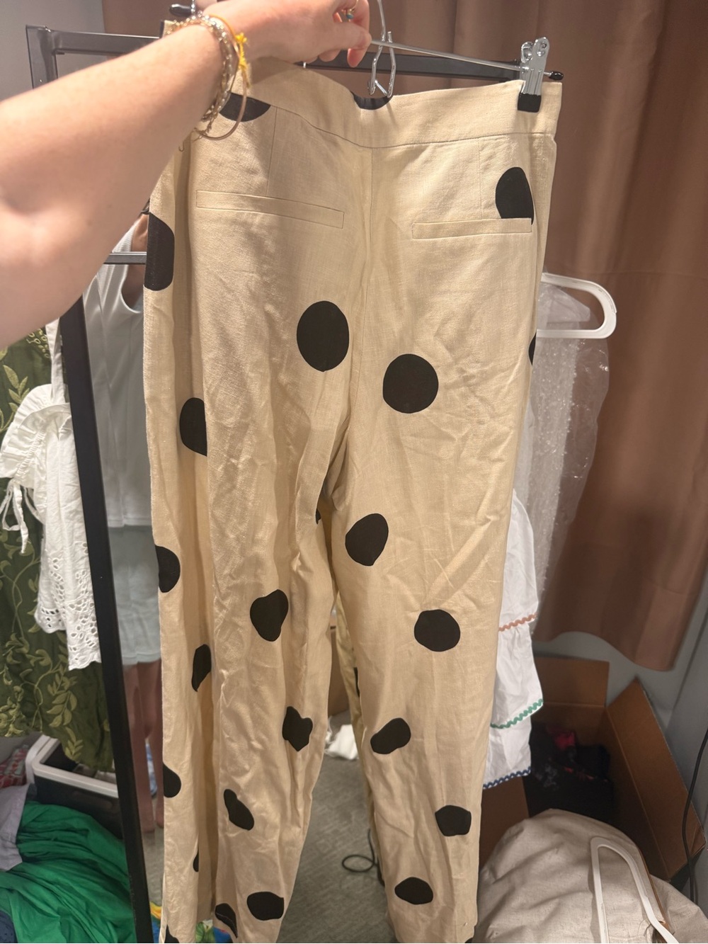 Tanya Taylor Beige Wide-Leg Pants with Black Polka Dots - Picture 8 of 9